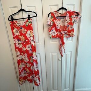 Red floral 2 piece skirt set